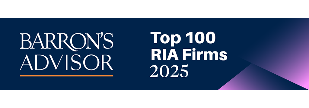 Barron’s Advisor banner announcing 'Top 100 RIA Firms 2025' on a dark blue background with purple geometric accents, left-aligned logo text.