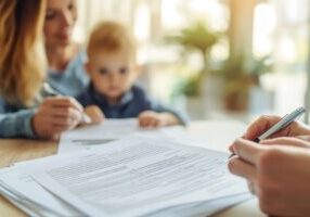 Close-up of hands signing documents with a blurred mother and baby in the background, symbolizing legal paperwork, family matters, or financial agreements in a bright, warm setting