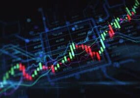 Perspective view on growing up financial chart candlestick and diagram on digital forex market screen background, investing and stock market concept. 3D rendering