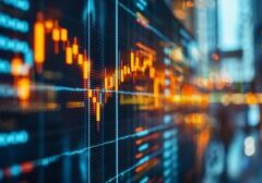 Dynamic stock market graph displaying financial trends and growth, showcasing data visualization in a modern urban setting.