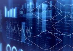 Blue abstract financial dashboard with overlapping line and bar charts and numeric data.