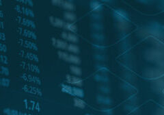 Abstract financial background with floating numbers and percentage changes overlaid by wavy grid lines, suggesting market data trends.