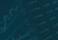Abstract teal background with blurred financial charts and numeric data, suggesting stock market analytics.