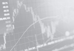 Overlaid stock charts with candlesticks and line graphs on a gray financial background.
